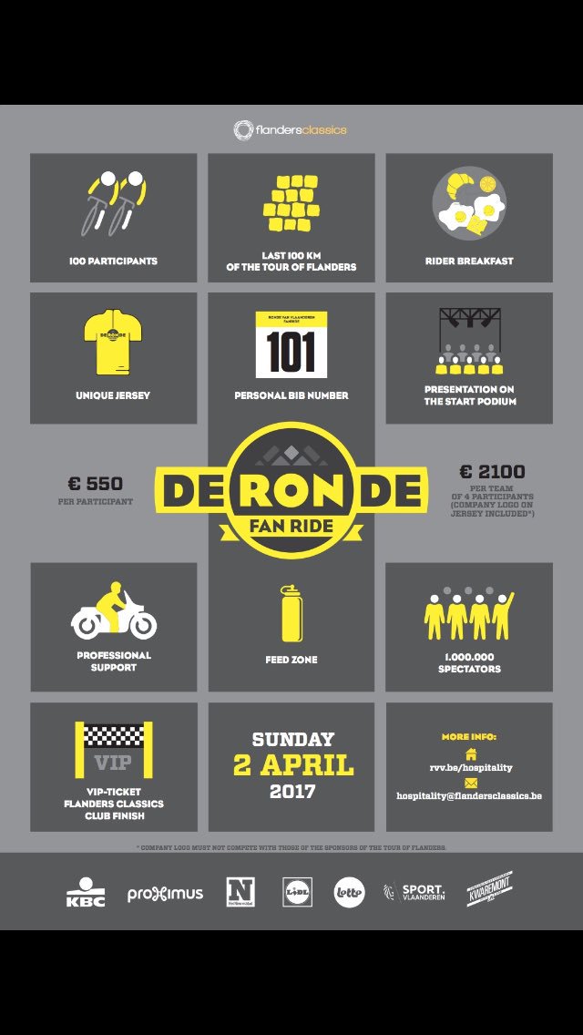 RondeVlaanderen's tweet photo. Want a free spot in the Ronde Fan Ride? Retweet this tweet.. Winner will be announced on march 20th. Good luck! #RVV https://t.co/pNSbwA9OW3