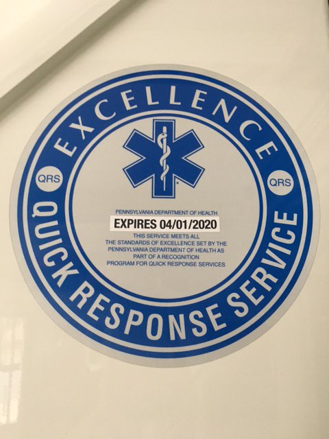 Engine &amp; Rescue 21 have been successfully re-certified as QRS (Quick Response Service) by the PA Department of Health.