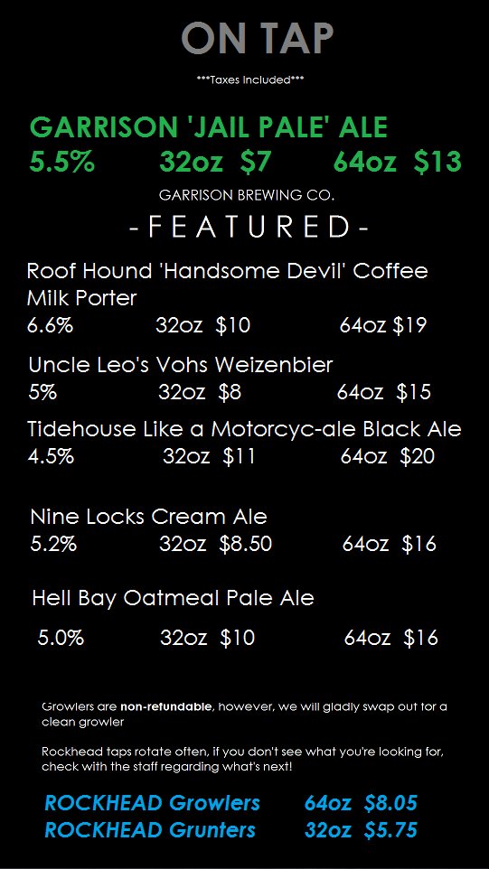 On tap right now at Rockhead: <a href="/RoofHoundBrewCo/">Roof Hound Brewing</a> , <a href="/UncleLeosBrewer/">Uncle Leo's Brewery</a> , @TideHousebrew , <a href="/ninelocksbrew/">Nine Locks Brewing</a> , @HellBayBrewing, <a href="/GarrisonBrewing/">Garrison Brewing Co.</a>