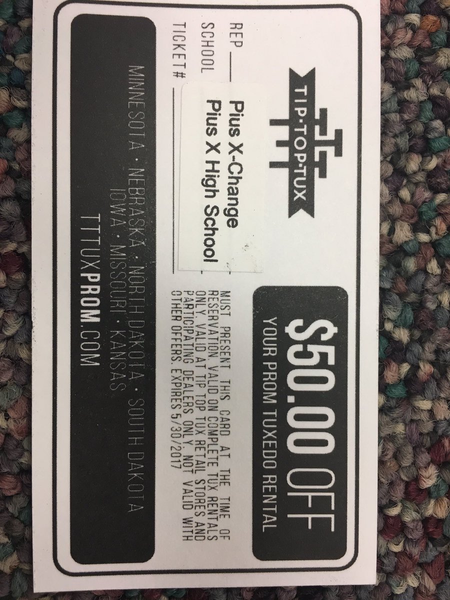 PiusXnewspaper's tweet photo. Want 50$ off your tux? Use this coupon and help support the X-change. https://t.co/RX4TuUu7nw