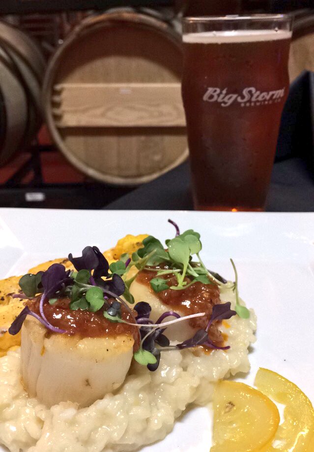 BigStormBrewing's tweet photo. Second course: Pan Seared Sea Scallops with #TropicPressure bacon jam! Deliciously paired with #TropicPressure #FloridaAle #itsthejam #TBBW https://t.co/KvOqgyVUDd