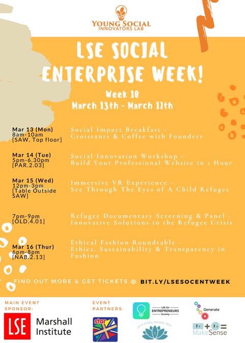 LSE Social Enterprise Week, happening March 13th-March 17th! Discover more at fb.com/youngsocialinn…! <a href="/LSEGenerate/">LSE Generate</a> <a href="/LSENews/">LSE</a> <a href="/LSESU_Startups/">LSESU_Entrepreneurs</a>