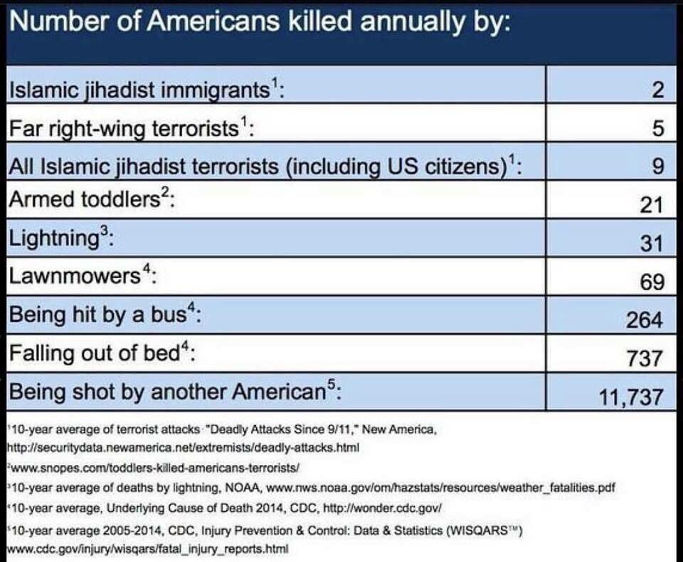 New Trump's executive orders ban entering the US the biggest killers of Americans:
Beds
Buses
Lawnmowers
Toddlers
Far-righters
Americans