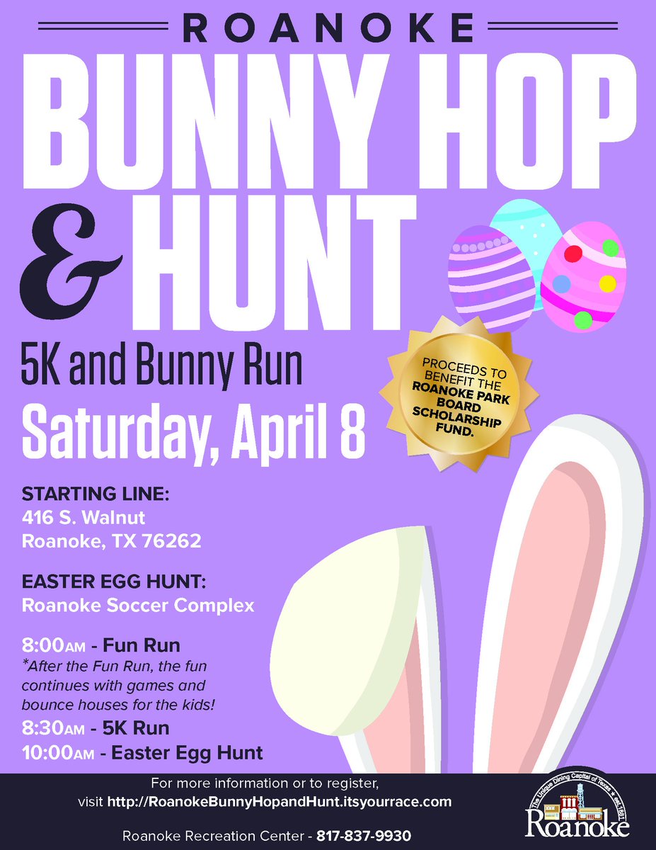 CityofRoanokeTX's tweet photo. Have you registered for the Roanoke Easter 5K? Sign up before March 24 for discounted pricing!! #DFW5K #DFWrun https://t.co/hDIxKM3xIl https://t.co/Vl4k1R7fbL