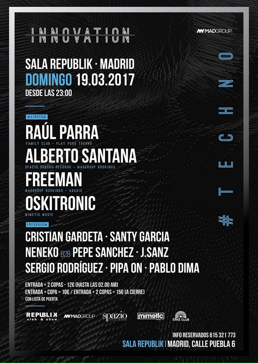 #innovation #Madrid #techno <a href="/raulparratechno/">RAUL PARRA</a> <a href="/albertsantanadj/">Alberto Santana</a> <a href="/Oskitronic_olic/">olic sound collectiv</a> <a href="/SalaRepublik/">sala republikd</a> <a href="/madgroupspain/">MadGroup</a>