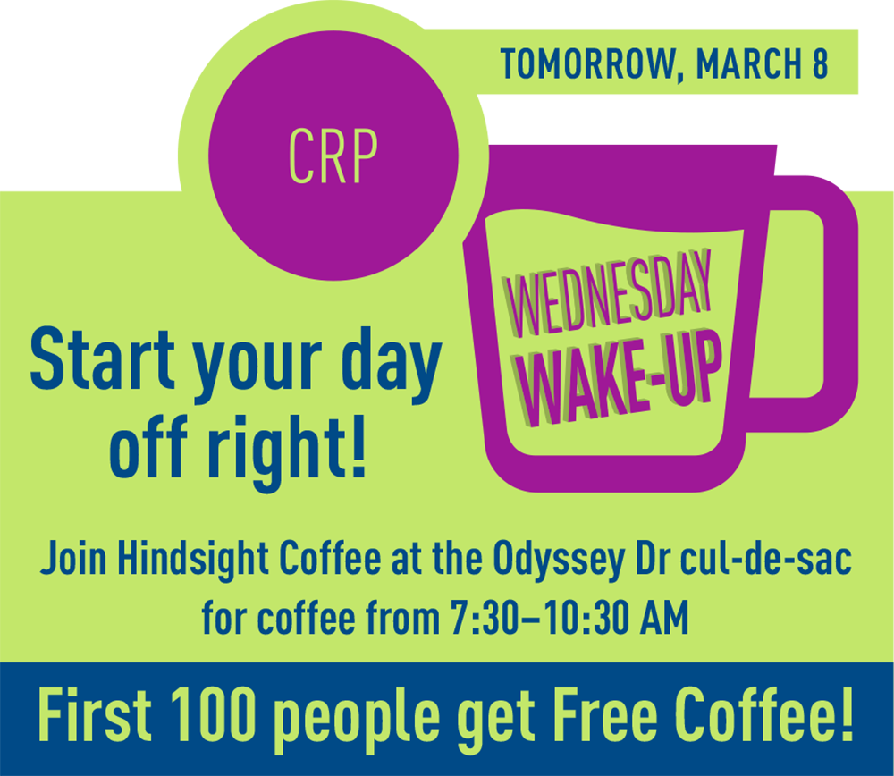 CRPHSV's tweet photo. #WakeUpWednesday tomorrow #CRPHSV! FREE @hindsightcoffee to the first 100 people to stop by on Odyssey Dr, 7:30-10:30a. See map, see coffee! https://t.co/BILsr38V9k
