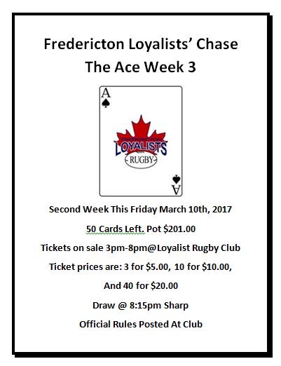 3rd Week of <a href="/LoyalistsRugby/">Loyalists RFC</a> Chase The Ace! Pot is 201.00 and growing quickly. 50 cards left. TGIF!