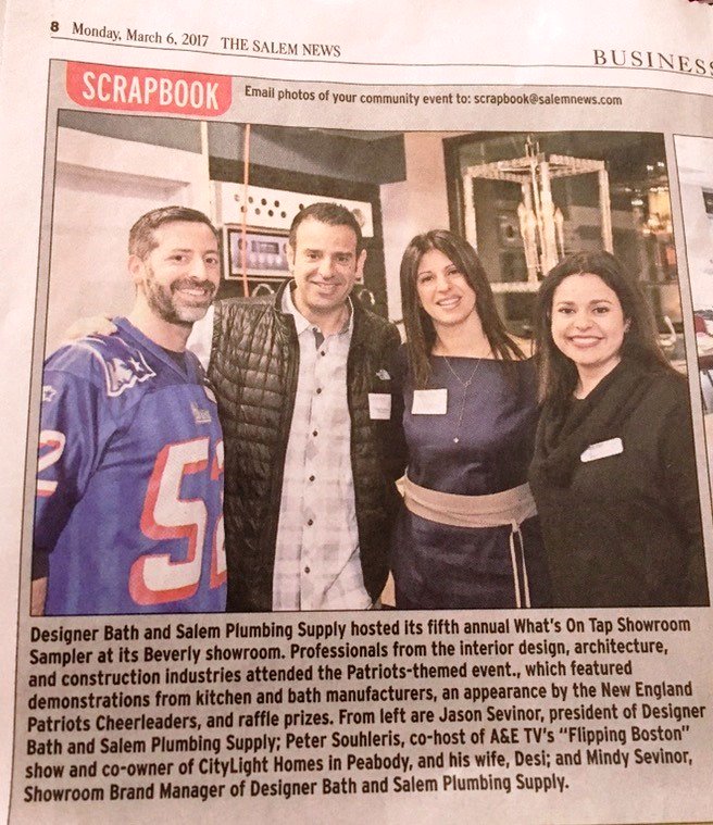 DesignerBath's tweet photo. Thank you, @salemnews for featuring Jason & Mindy Sevinor, mingling w/ @PeterSouhleris of #FlippingBoston & his wife, Desi at our Jan. event https://t.co/ZCbuHVbFlj