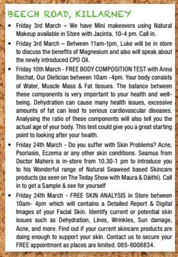 horanshealthsto's tweet photo. In #Killarney why not Pop into Our Beech Road Store #FreeBMI @doctormaher1 #KerryHour #TwitterTips #FreeSkinAnalysis https://t.co/8D8smU94Ro
