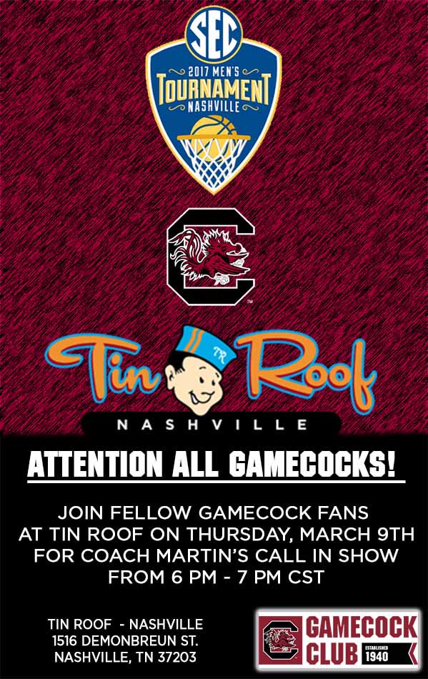 #Gamecocks fans in Nashville this week, come catch <a href="/DScottGamecocks/">Derek Scott</a> and @FrankMartin_SC for Carolina Calls from Tin Roof on Thursday! 🏀🐔📻
