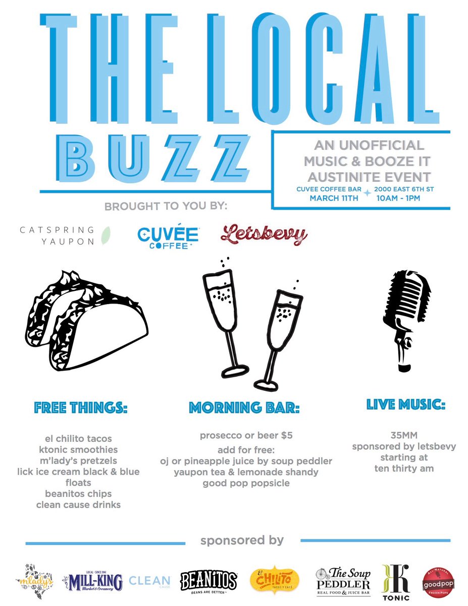 CuveeCoffee's tweet photo. Austinites, this one's for you. FREE tacos, live music, &amp; a lot more. This Saturday -https://t.co/49RSzmTOsr. #sxsw2017 #sxsweats #locallove https://t.co/f02NITjPOq