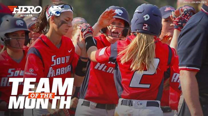 HEROSportsSB's tweet photo. Thanks to their 🔥🔥 February, @USAJagsSoftball is the #D1Softball Team of the Month!!

--> https://t.co/L9mV9WH7m0 #NCAASoftball #NCAAW https://t.co/AKndFXU9Vr
