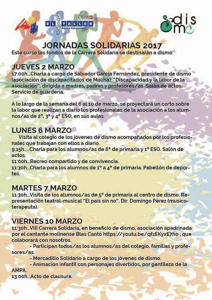 DISMOMOLINA's tweet photo. Queremos animaros a la VIII Carrera Solidaria 2017 que organiza el Colegio El Taller para colaborar solidariamente con nuestra Asociación. https://t.co/zydZfTwe95