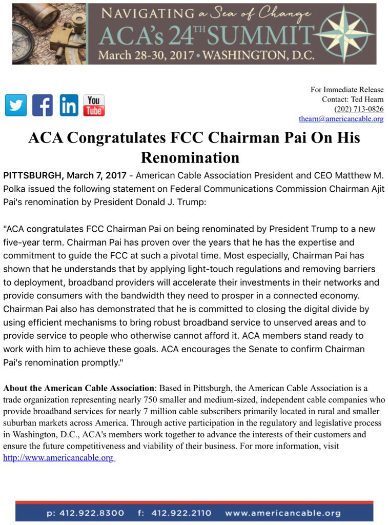 MatthewMPolka's tweet photo. .@AmericanCable Congratulates @FCC Chairman @AjitPaiFCC On #Renomination https://t.co/kGfsyHs6ug https://t.co/kUq7XgwTQt