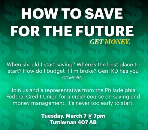 GenFKD_Temple's tweet photo. Our "Make Bank" Workshop starts at 7. Learn how to save for the future! #moneyhacks #MoneySaving #GenFKD https://t.co/6c99M8w5bI