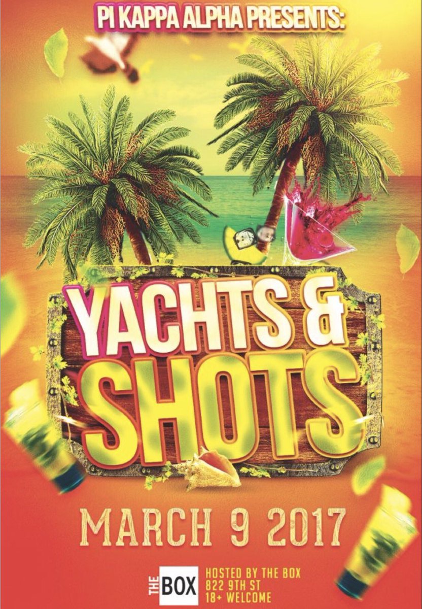 Kickoff spring break with the gentlemen of Pi Kappa Alpha at "Yachts and Shots!" Set sail for a good night this Thursday! #ΠΚΑ