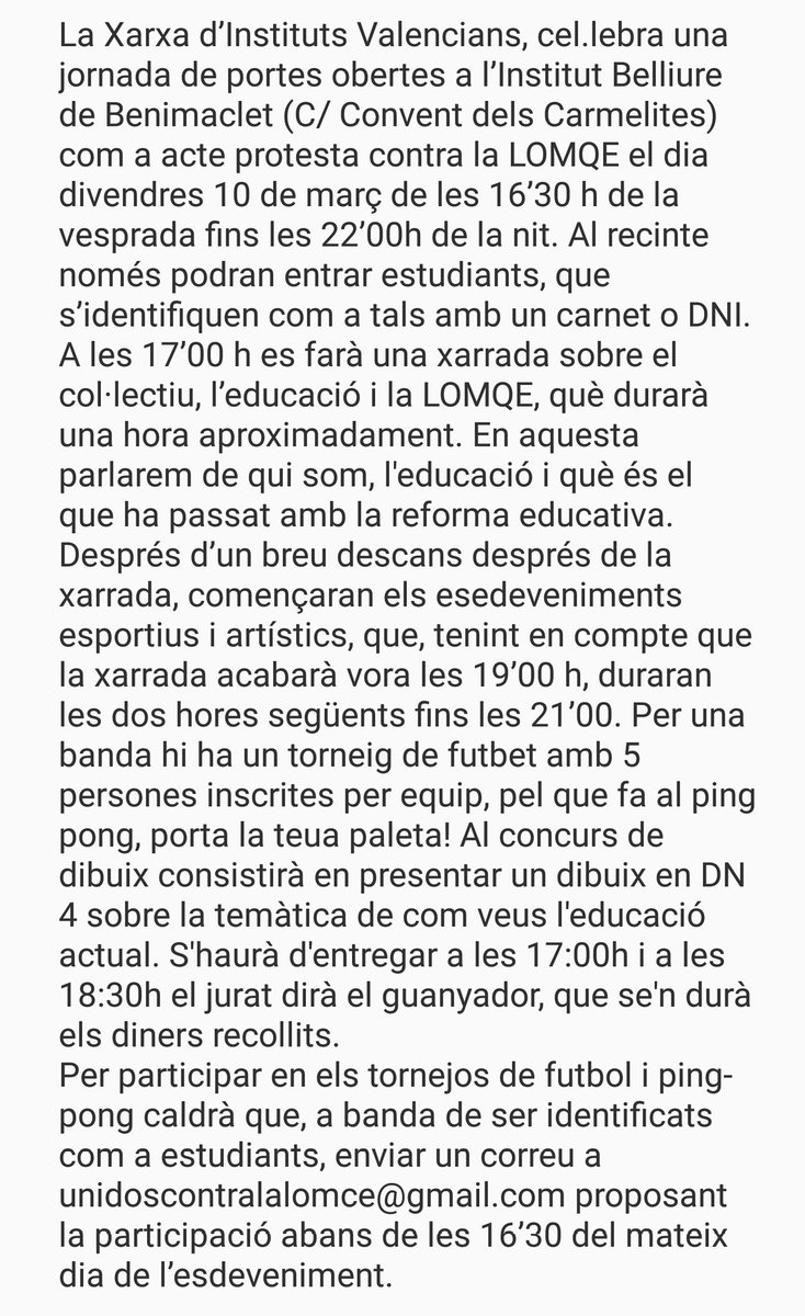 UnidosVsLOMCE's tweet photo. Tota la informació sobre la Jornada estudiantil del divendres! https://t.co/ZcQiu61wJS