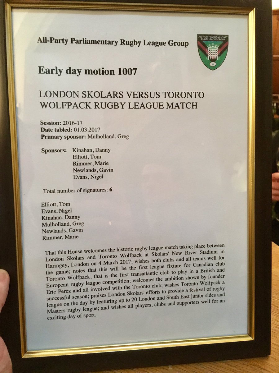 Delighted <a href="/UKParliamentRL/">UKParliamentRL</a> host <a href="/TOwolfpack/">Toronto Wolfpack</a> <a href="/CanadianUK/">CanadianUK</a> in <a href="/UKParliament/">UK Parliament</a> to present a motion celebrating  their involvement in #rugbyleague.