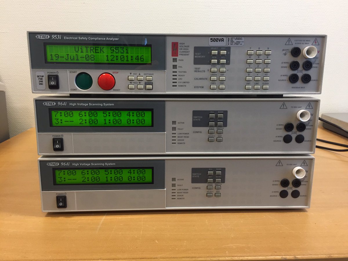 HighVoltageDUT's tweet photo. Vitrek 953i electrical safety tester with 2 x 964i switching relays for automated hipot, IR and CR testing of multi conductor cable. Sweet! https://t.co/zczREHJvzP