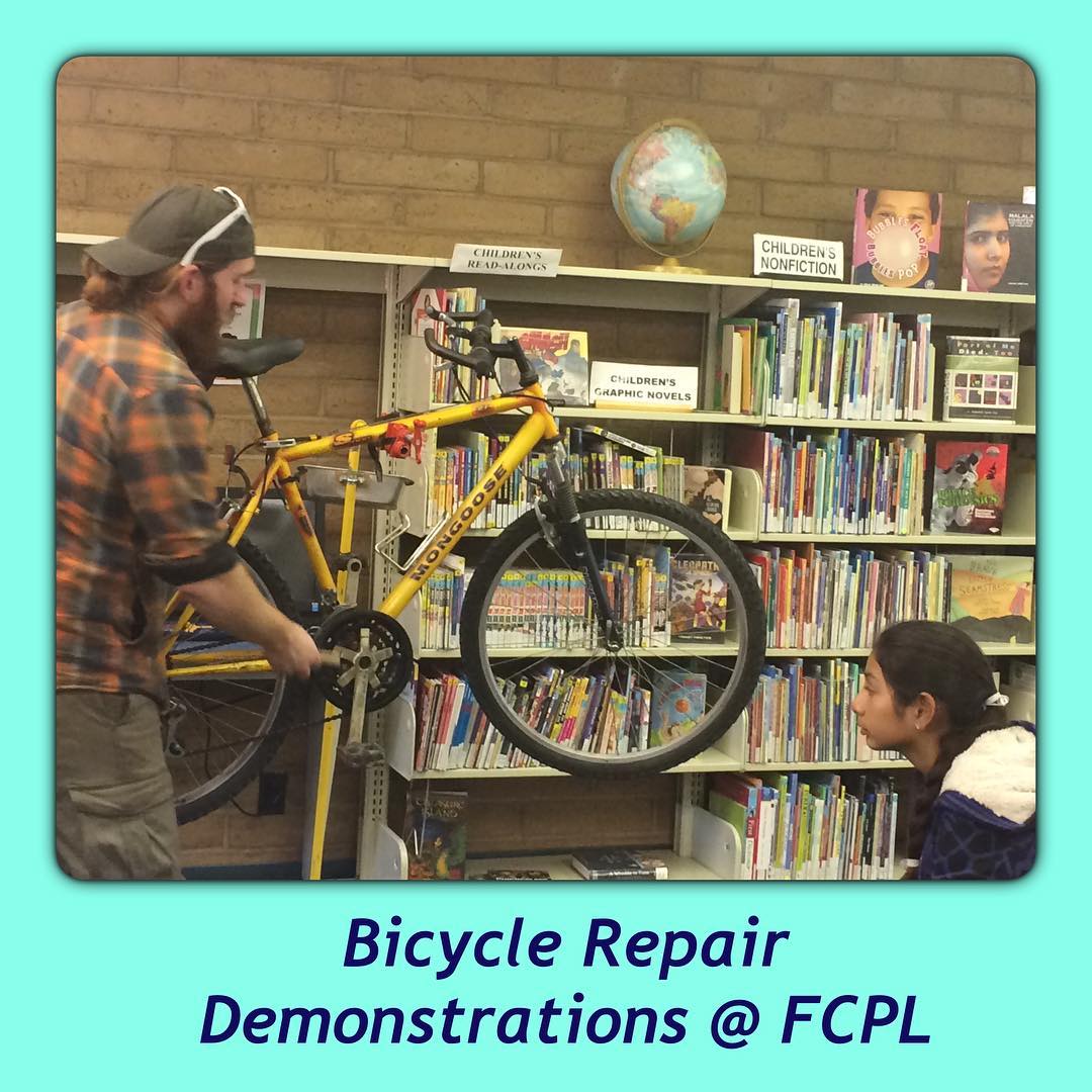 FCPL's tweet photo. Snapshot from 3/6 #DIYbikerepair at Mosqueda Br. @FresnoIdeaworks brings the bike &amp; the expertise; you just need to show up ready to learn! https://t.co/Oz6xlhwvzU