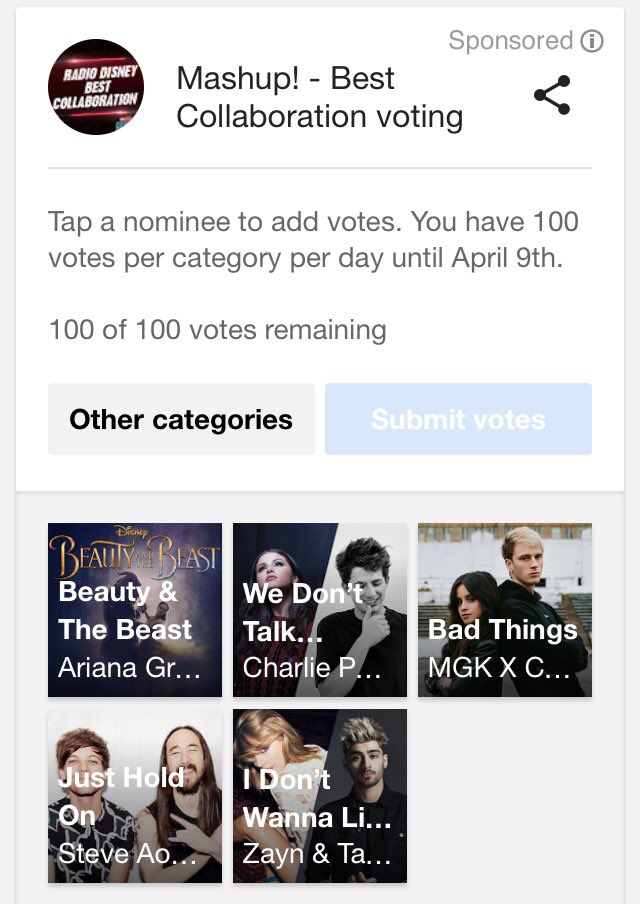 CamiIaVoteStats's tweet photo. #MGK &amp; #CamilaCabello “Bad Things” #Mashup @radiodisney

Get one hundred votes quick on Google: https://t.co/2MkXfeFmTg https://t.co/B0RnfBJU7r