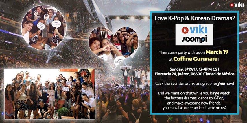 SoompiSpanish's tweet photo. ¿Asistirás a #KCONMexico? ¡Continúa la fiesta con nosotros y @Viki el 19 de marzo! Conoce a fans, gana premios y más https://t.co/rZgoaf61wE https://t.co/7avxEyMTcK