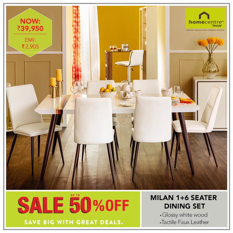HomeCentreIndia's tweet photo. The white veneer and contrasting dark metal makes Milan 1+ 6 Seater Dining Set a benchmark for a tastefully versatile décor. 
#SaveBigWithHc https://t.co/guMQ9RVzQq