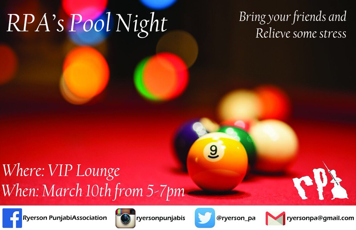 Drop that midterm stress and come shoot some pool at VIP Lounge this Friday Mar 10th! It's on us! 💃🏻⚡️🎱 #RPA #RyersonPunjabis
