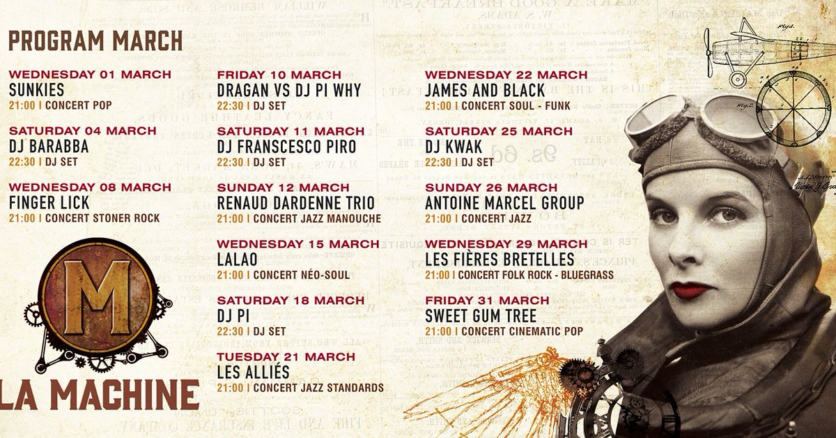 lamachinebe's tweet photo. Program March 2017
#brussels #djset #concert #livemusic #lamachine #placesaintgery #saintgery https://t.co/p4aEiDcPlu