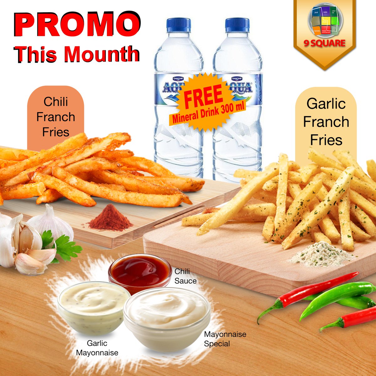 Ngemil-ngemil hemat yuk di 9Square!
Free Mineral Water untuk kamu yang memesan menu Franch Fries kami! 
#promomaret #restojakarta