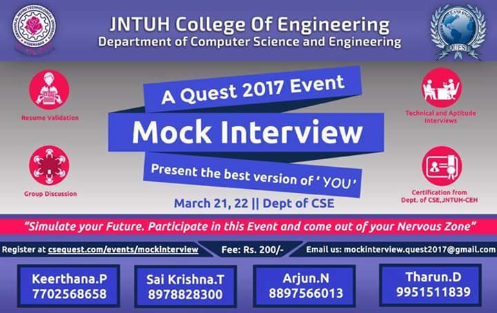 Quest_2017's tweet photo. "Get ready to experience our expertise😊"On march 21,22.
Register at: https://t.co/YTdAa5j3Op

#Mock_Interview
#Quest_2017 https://t.co/URu6ROYSTB