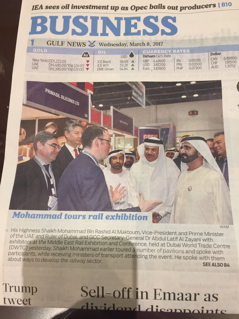 Marktomlin45's tweet photo. @transportgovuk @PaulMaynardMP @MiddleEast_Rail @networkrail @Crossrail @TLProgramme @HS2ltd front page from today's Gulf News https://t.co/D7ztNTIjlj