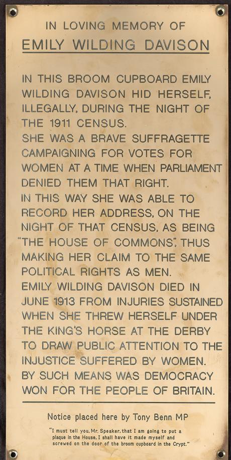 davetrott's tweet image. Plaque in the basement underneath Parliament. Emily Davison's motto was "Deeds not words" -