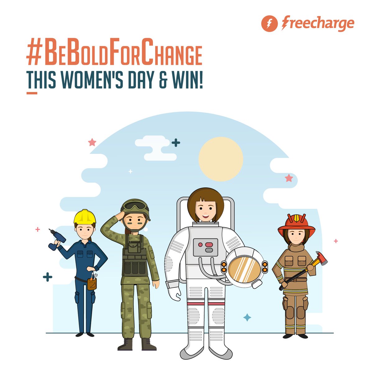 Freecharge's tweet photo. This Women's Day,FreeCharge supports your freedom to #BeBoldForChange. Share your story of boldness below &amp; 1 lucky winner will be rewarded. https://t.co/6GJtPlCTYH