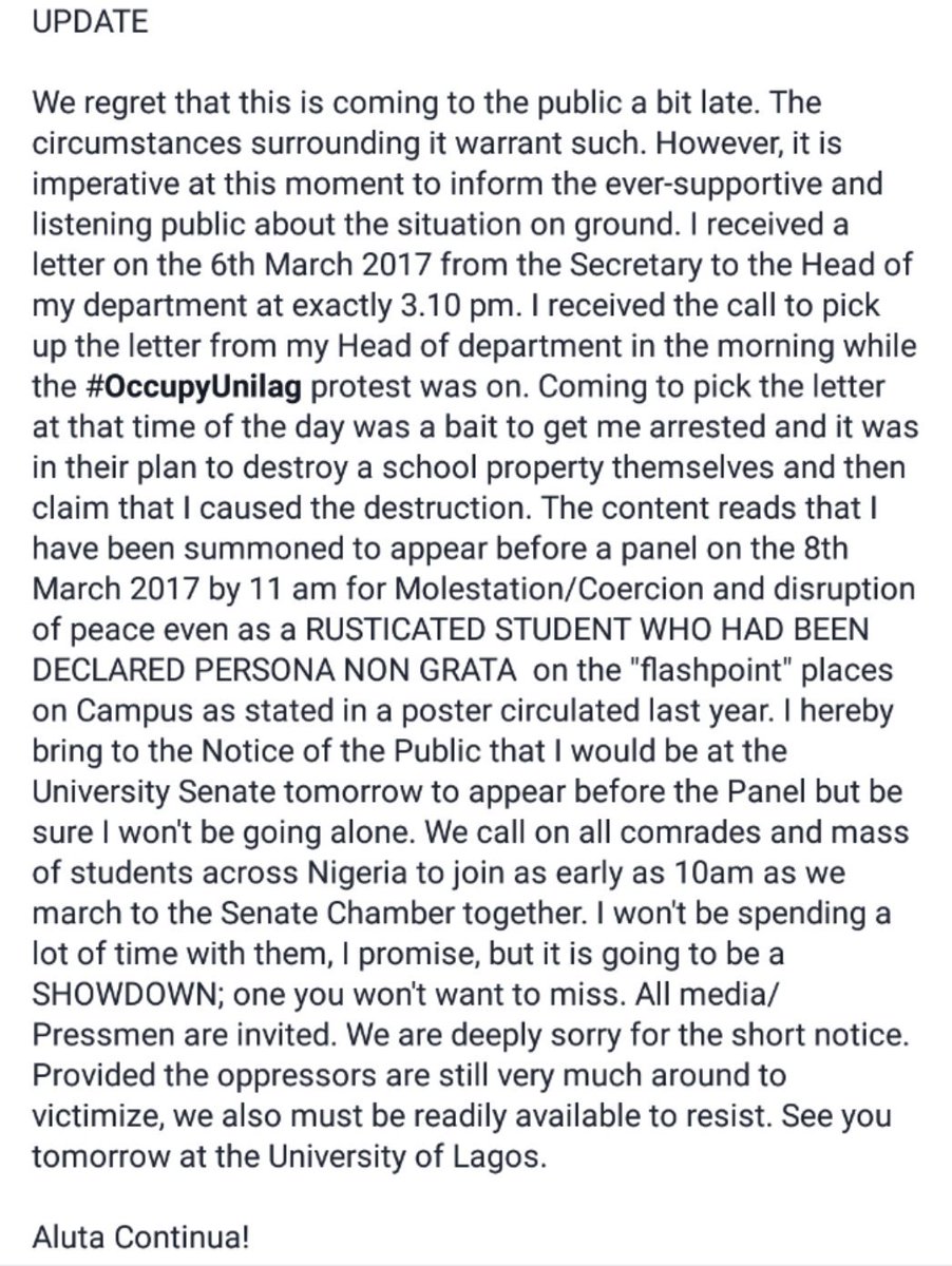 Neusroom's tweet photo. BREAKING:@UnilagNigeria slams fresh charges on rusticated student Femi Adeyeye (@phemi_adeyeye). https://t.co/Wa7TzdnwrU