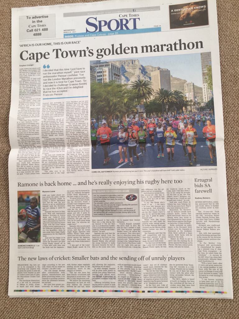 Making headlines as <a href="/CTMarathon/">Cape Town Marathon</a>  gets GOLD. Africa is our home, this is our race - it's Cape Town, must run it