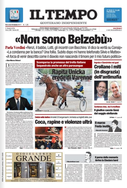 tempoweb's tweet photo. Parla #Verdini: "Non sono Belzebù". Rapita l'erede di Varenne. Crollano i miti Antimafia Ecco la nostra #primapagina in edicola #buongiorno https://t.co/1YuMb9p4RL
