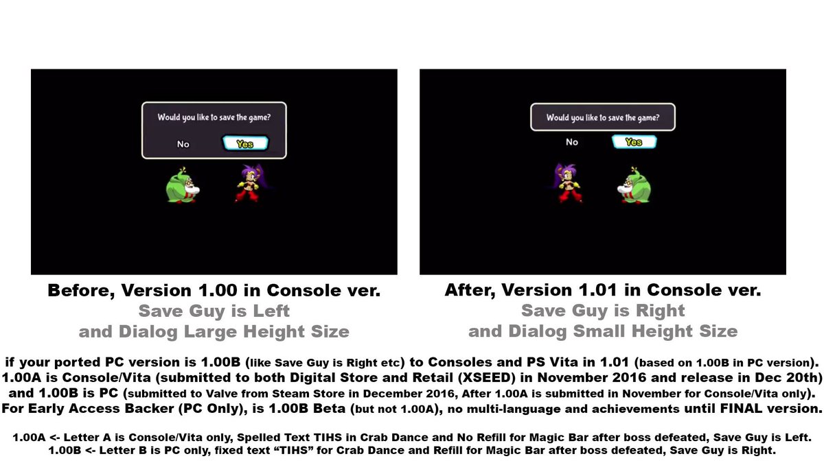 eorx_roa's tweet photo. Left: Save Guy is Left, Original version 1.00.
Right: Save Guy is Moved to Right, Update version 1.01 in Console/Vita like PC version.
#SHGH https://t.co/4kuTgmKMZo