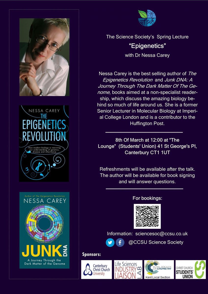 CCSUScienceSoc's tweet photo. Today is #InternationalWomensDay and our #SpringLecture on #epigenetics by @NessaCarey . Join us from 12pm at @christchurchsu https://t.co/AV8y2xJSo8
