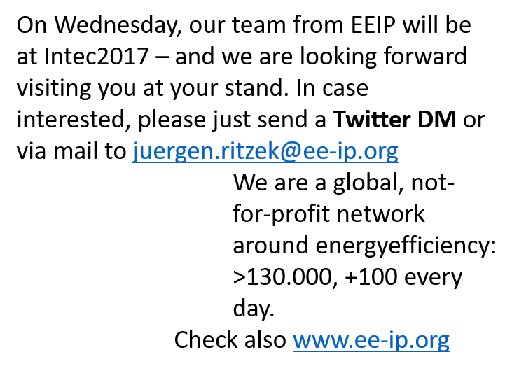 EEIPEnMg's tweet photo. Industry network looks for exciting energy efficiency examples at #Intec2017 to publish as blog posts, from #automation to #IoT #Intec #Z https://t.co/lgA0HEdSBl
