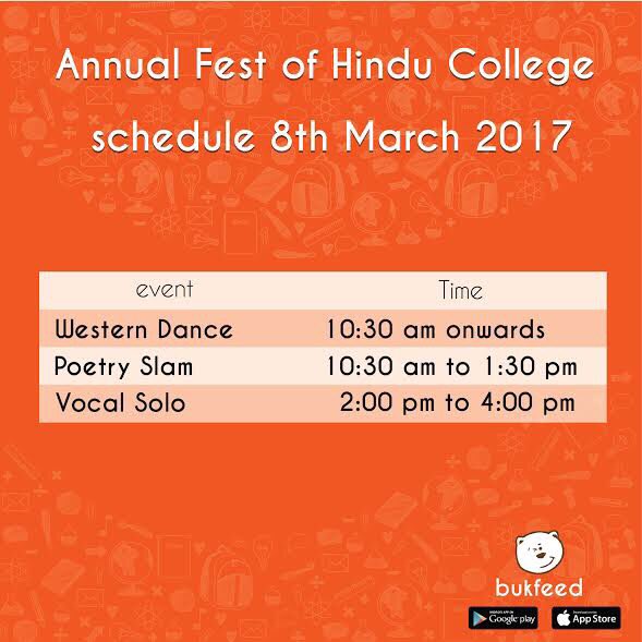 Bukfeedindia's tweet photo. Your itinerary for today i.e. 8th March 2017 is lined up. Don't miss out on the amazing  events at the Mecca - Annual Fest of Hindu College! https://t.co/qe1sTsb67q