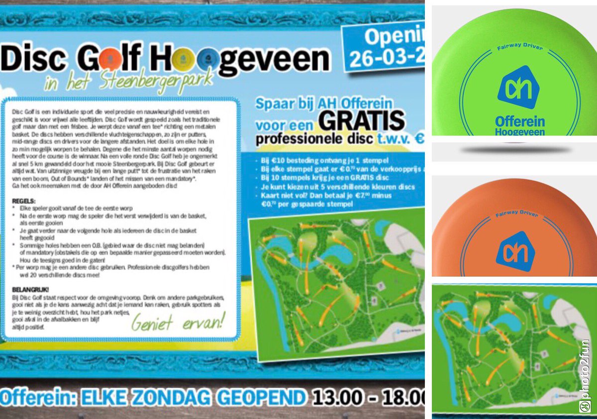 Disc golfen in Hoogeveen, opening 26-3 steenbergerpark. Dagelijks gratis toegankelijk. Spaar nu voor een professionele disc bij AH Offerein