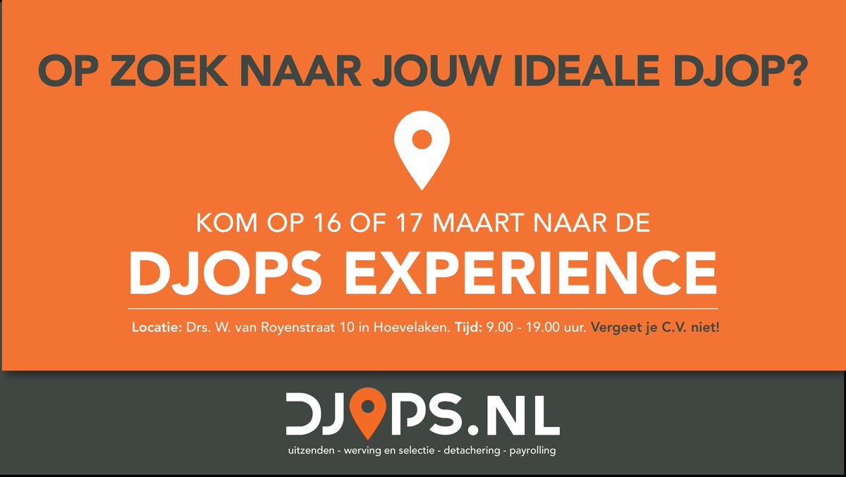 djops's tweet photo. Ervaar wat Djops voor je kan betekenen. Kom 16 of 17 maart langs! #DjopsExperience #banenmarkt #werkzoekende #vacature #CV #werk https://t.co/KjMGu0HcN4
