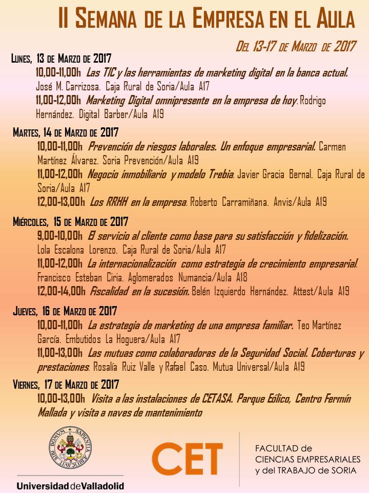 MarketingCET's tweet photo. Un año más organizamos la Semana de la Empresa en Aula, del 13 al 17 de marzo #EmpresaEnAulaCET @Blangargomz_UVa @jmcarrizosa_crs https://t.co/e5Zxkn6Yg9