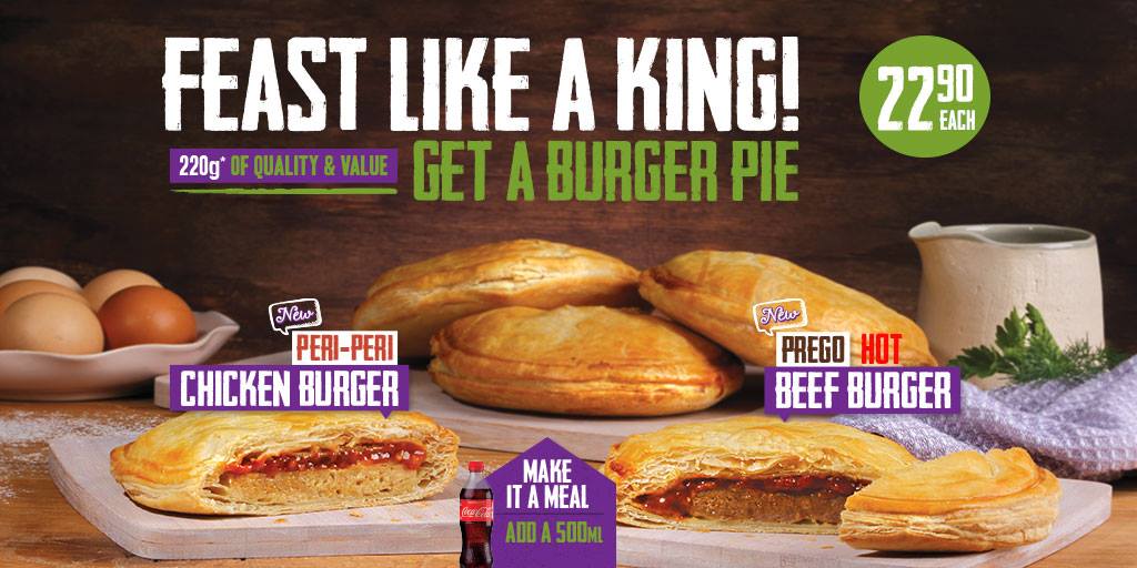 Kingpiebrand's tweet photo. Our new burger pies are available at King Pie stores now. Whether you’re on the go or taking a lunch break, #FeastLikeAKing! https://t.co/BQL2YKbl6Y