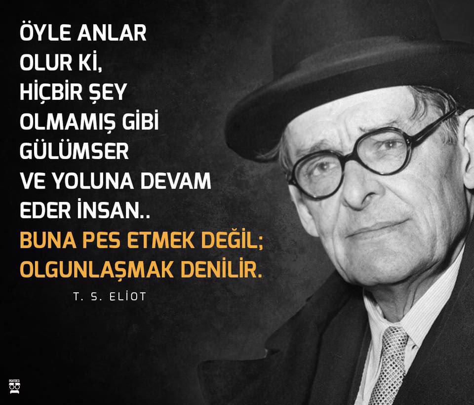 Öyle anlar olur ki, hiç bir şey olmamış gibi gülümseyerek yoluna devam eder insan. Buna pes etmek değil; olgunlaşmak denilir. 

T.S Eliot