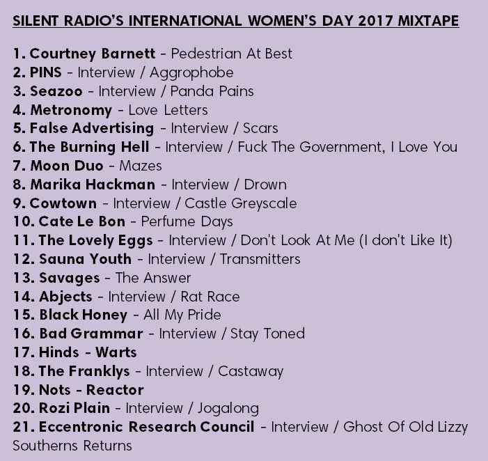WE'VE DONE AN INTERNATIONAL WOMEN'S DAY MIXTAPE THAT'S MADE UP OF THE ACTS/BANDS WE LOVE ON OUR RADIO SHOW.
mixcloud.com/Silent_Radio/s…
#iwd2017