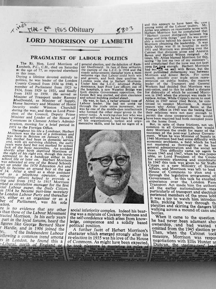 #OnThisDay 1965
#Obituary #Obit
@thetimes 
#HerbertMorrison
#LordMorrisonOfLambeth
#peer #LabourParty
#March8