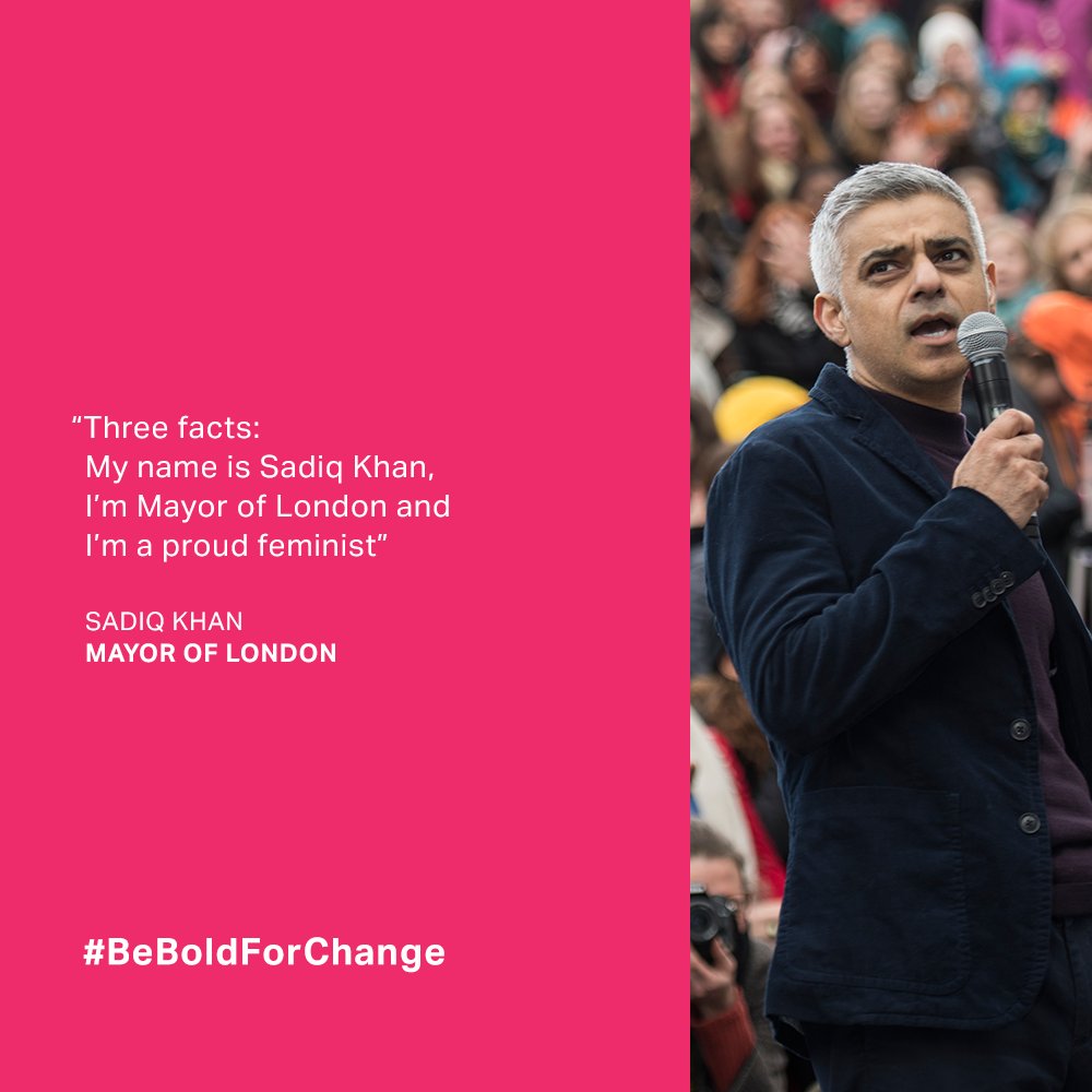 MayorofLondon's tweet photo. Happy #IWD2017! Three facts: My name is Sadiq Khan, I’m the Mayor of London &amp; I’m a proud feminist. #BeBoldForChange https://t.co/o6VNckYUjx https://t.co/VYChO2UTub