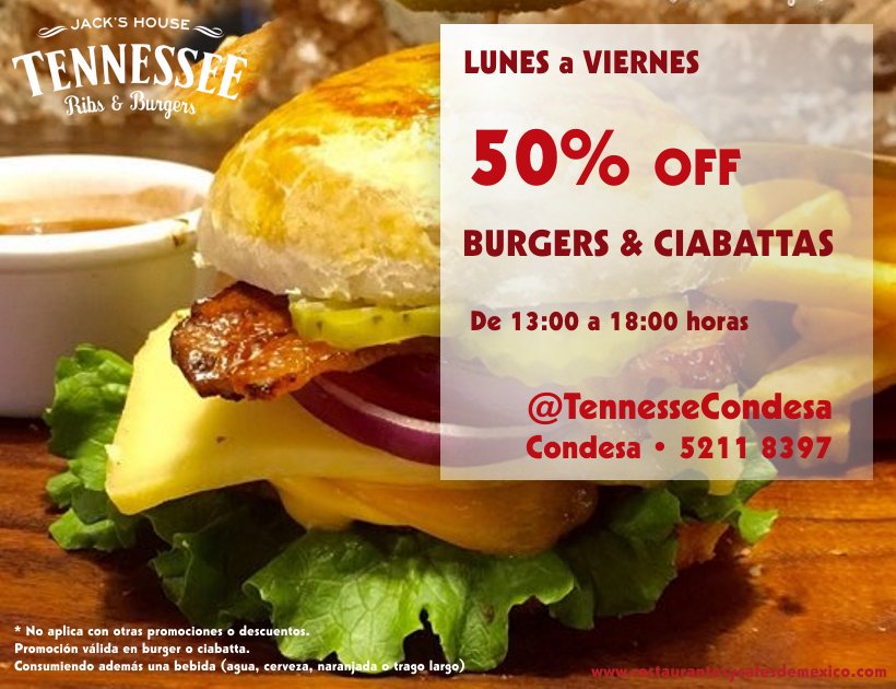 RestauranteCafe's tweet photo. Deliciosa😋 tentación con la #PromoRyC 50% OFF  Burgers &amp; Ciabattas 😍 De lunes a viernes  @TennesseCondesa #Condesa https://t.co/42tqnotIAQ